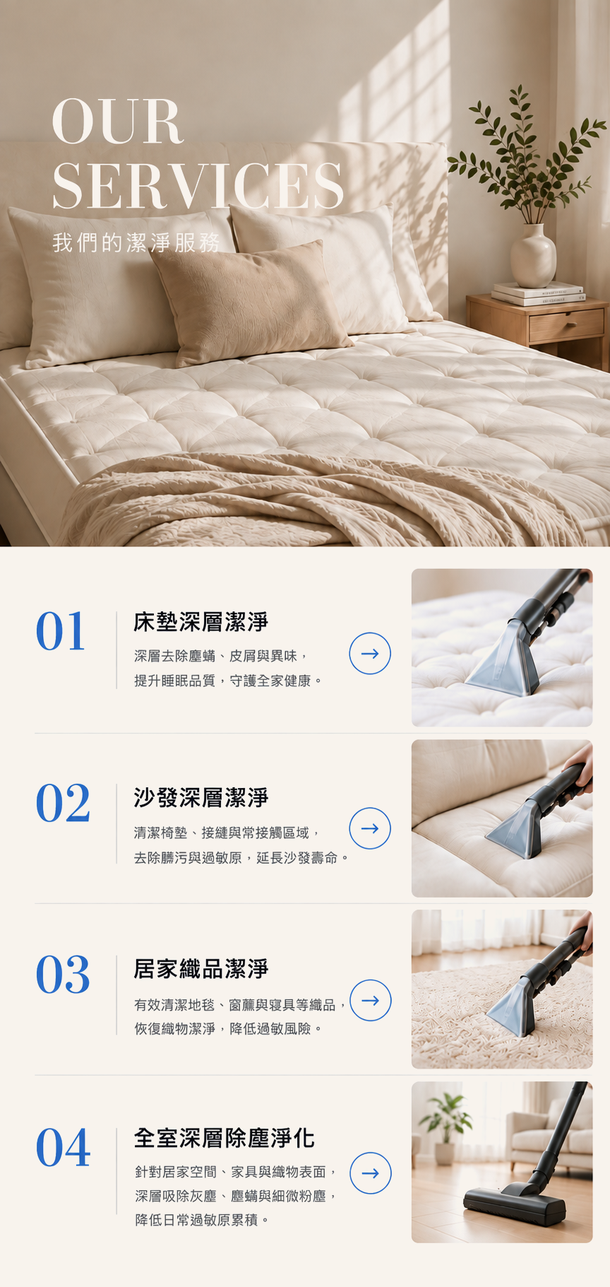 我們的潔淨服務：床墊、沙發、地毯與全室深層除塵淨化。點選項目可探索服務。