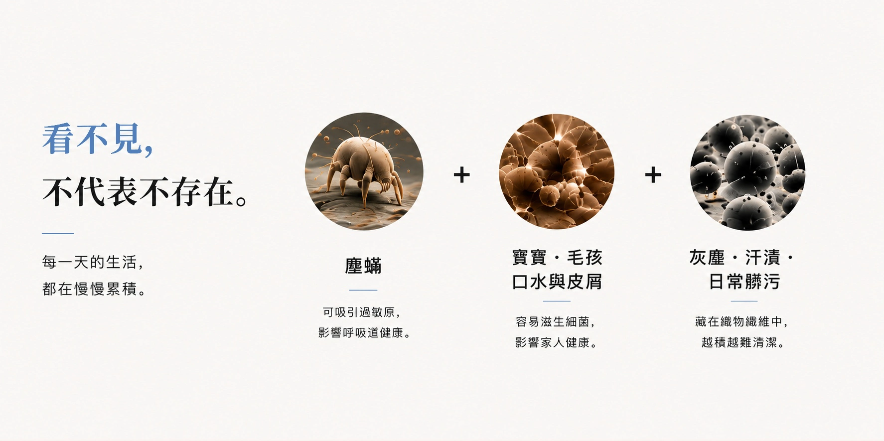 看不見,不代表不存在:塵蟎、毛孩口水與皮屑、日常灰塵汗漬。