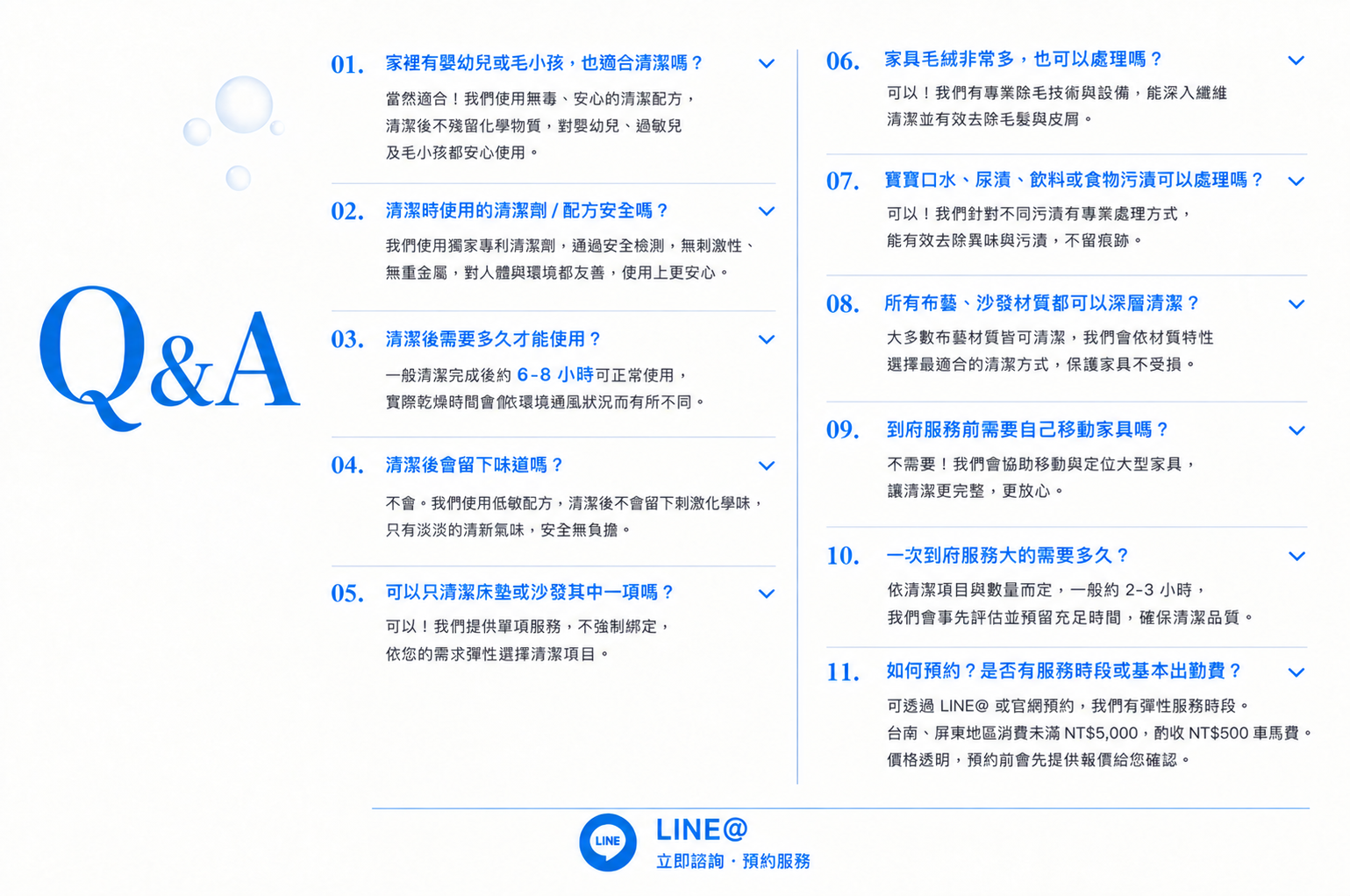 11 題常見問題與解答,包含配方安全、乾燥時間、污漬處理與預約方式。