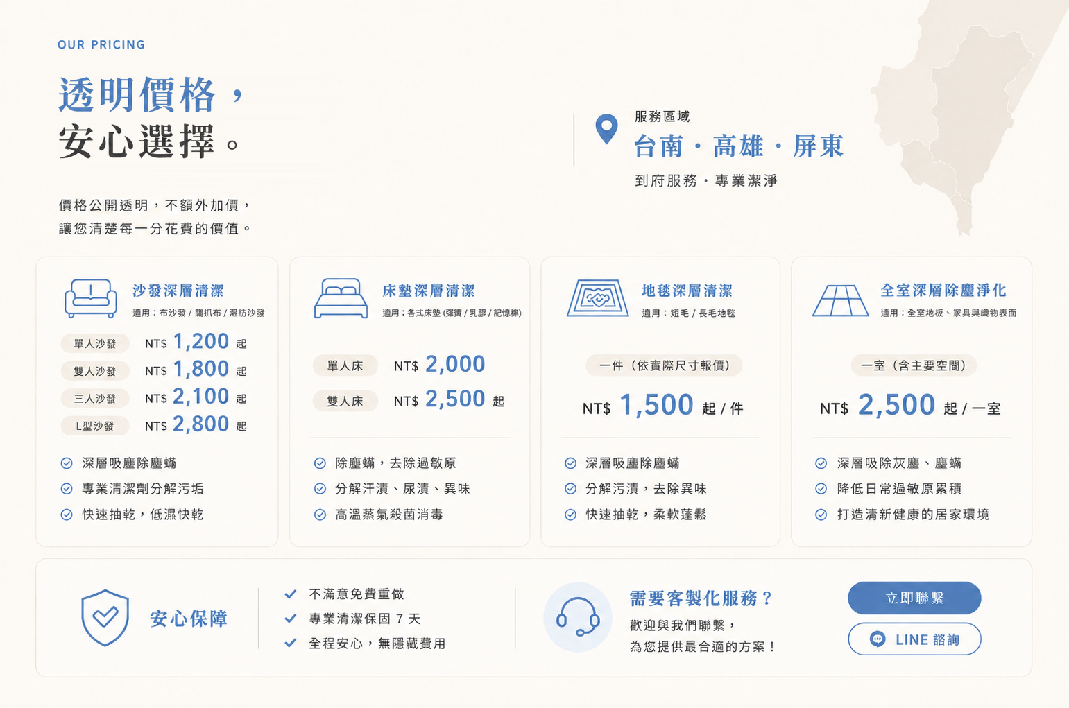 沙發、床墊、地毯與全室深層除塵淨化的透明價格。